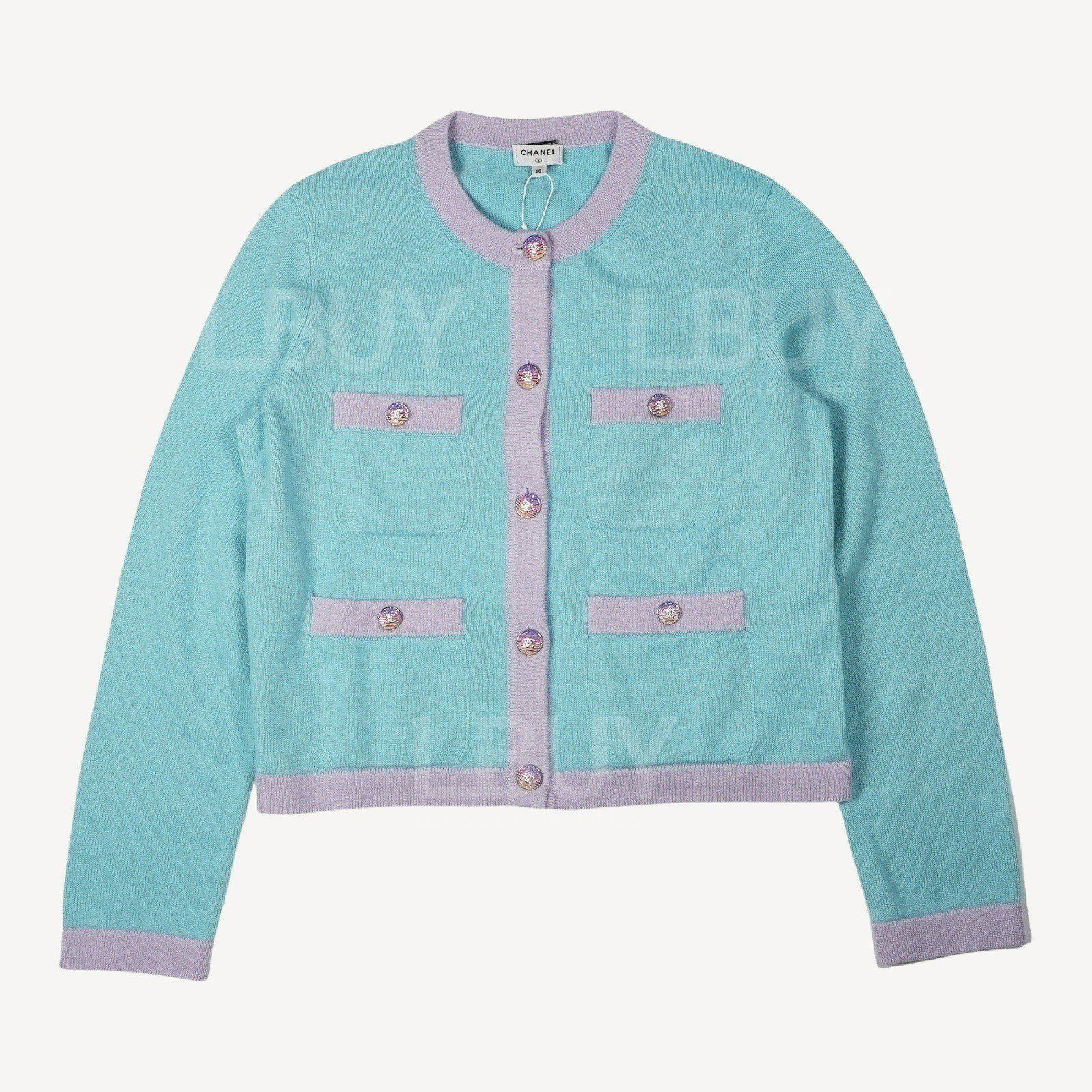 Chanel multicolour CC logo button light blue and purple cardigan P76463