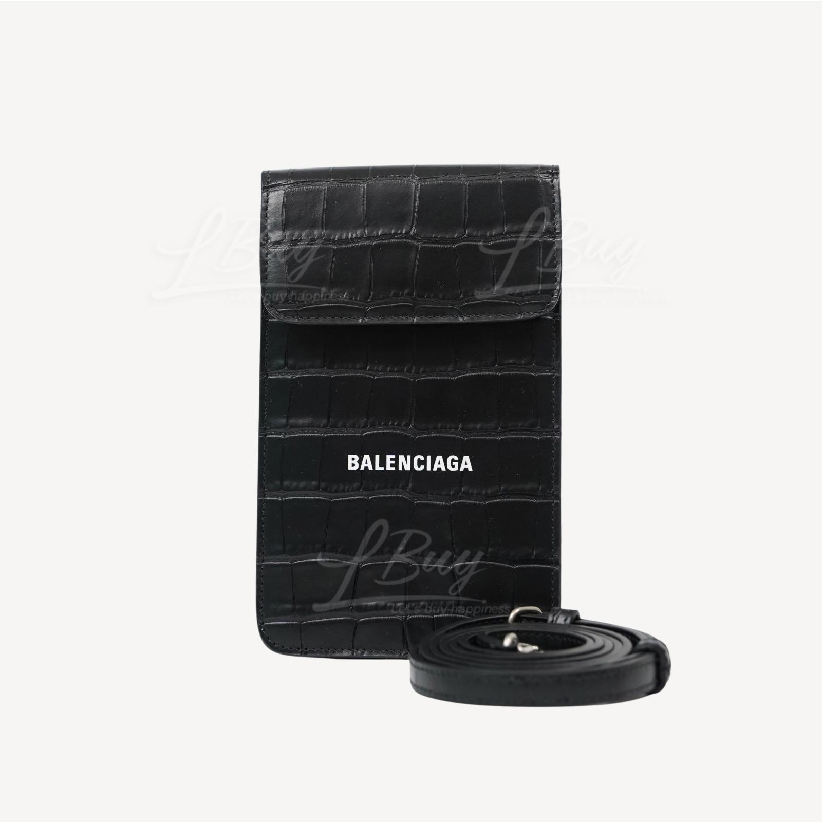 Balenciaga 白色Logo 黑色半哑光鳄鱼压纹手机套斜孭袋