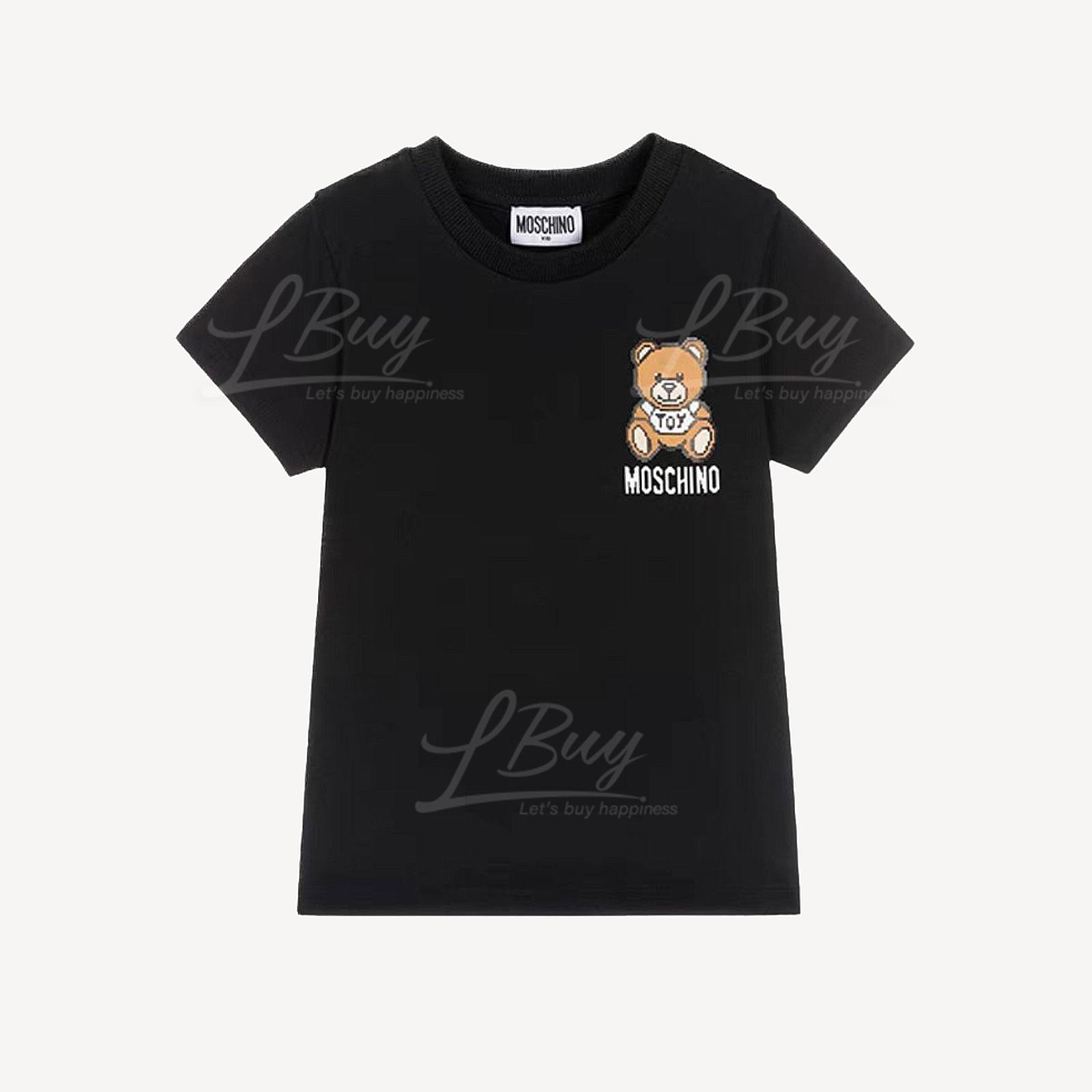 MOSCHINO童裝黑色像素小熊頭印花LOGO純棉短袖T恤