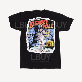 Deadly Doll 漫畫女人白色裙印花黑色短袖T恤 Made in U.S.A