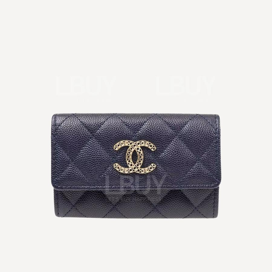 Chanel Navy and Fuchsia  Grained Calfskin Gold Cutout CC Logo Card Holder AP3187