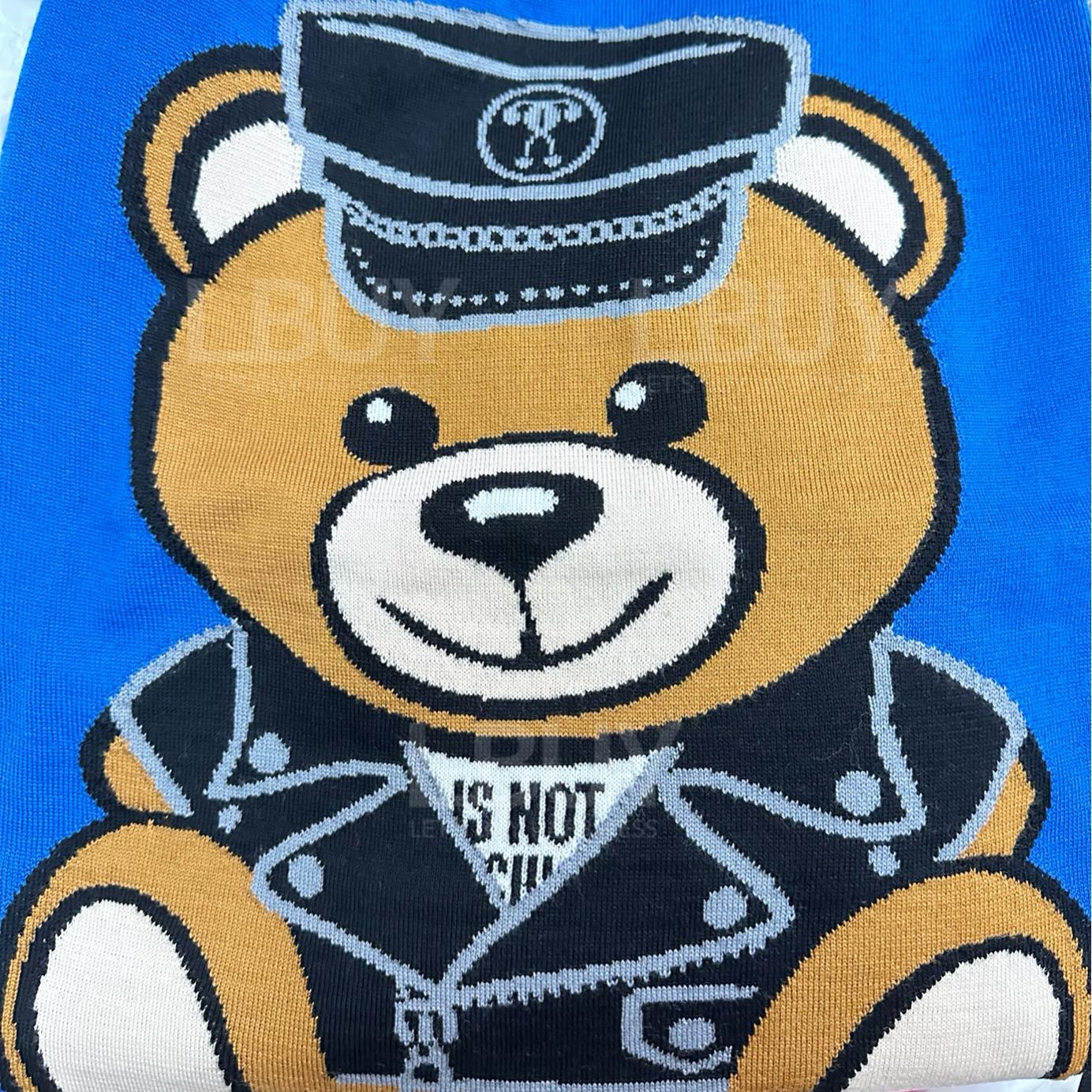 Moschino電光藍色皮褸熊仔長身毛衣