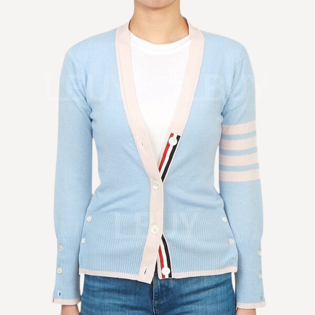 Thom Browne Four Bar Cashmere V-neck Jacket Cardigan Light Blue FKC001B