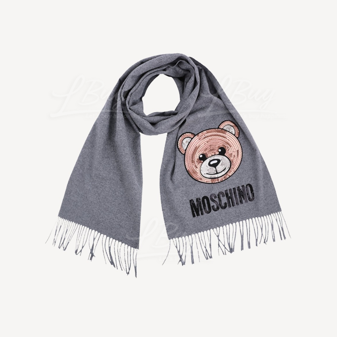 Moschino羊毛閃片熊仔灰色圍巾