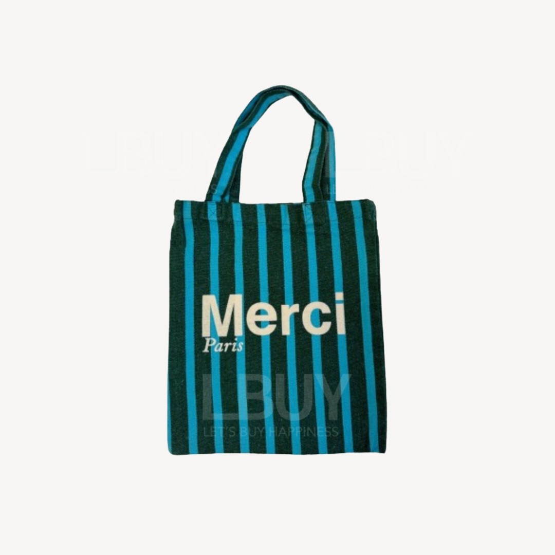 Merci Paris White Logo Green Patchwork Sky Blue Stripe MiniTote Bag