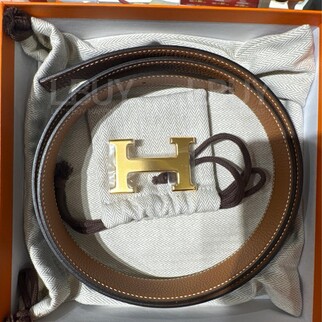 Hermes H光面金扣 32mm 双面皮带 黑色配金棕色 95cm