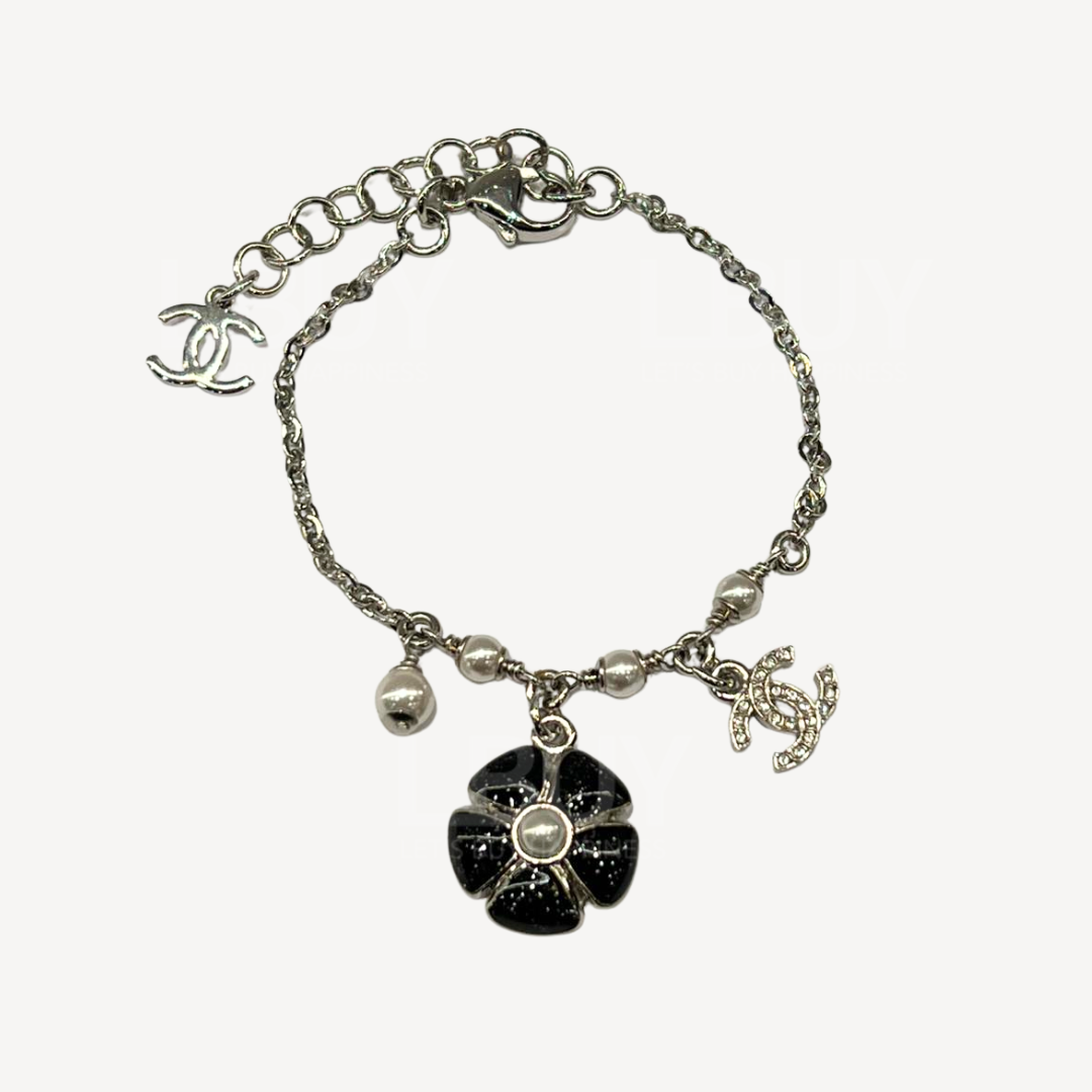 Chanel CC Logo 黑色山茶花银色手链 ABG891