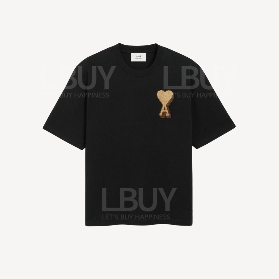 Ami Paris 3D金棕撞色毛圈布心心標誌寬鬆版型短袖T恤 黑色