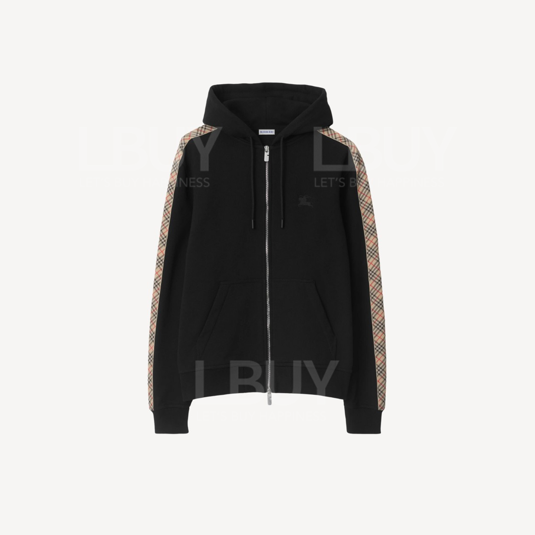Burberry Plaid Sleeve Hooded Zipper Sweater Jacket Black