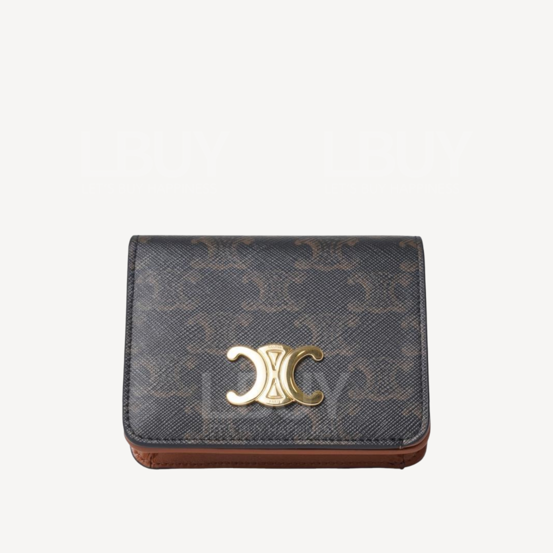 Celine Logo Print Zipper Card Bag Wallet Tan