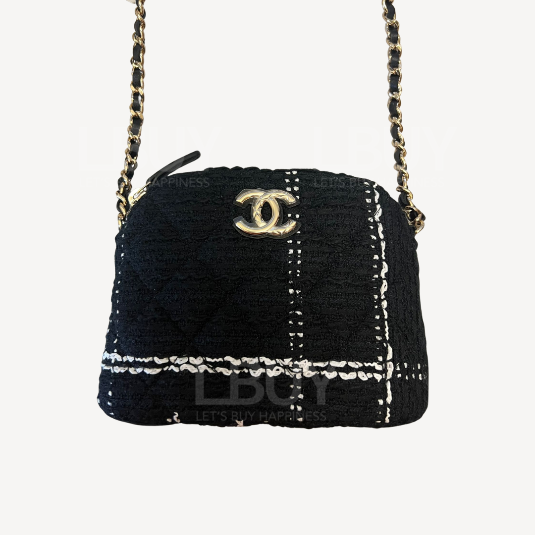 Chanel VIP 限定 黑白毛呢格紋鏈帶貝殼包斜孭袋