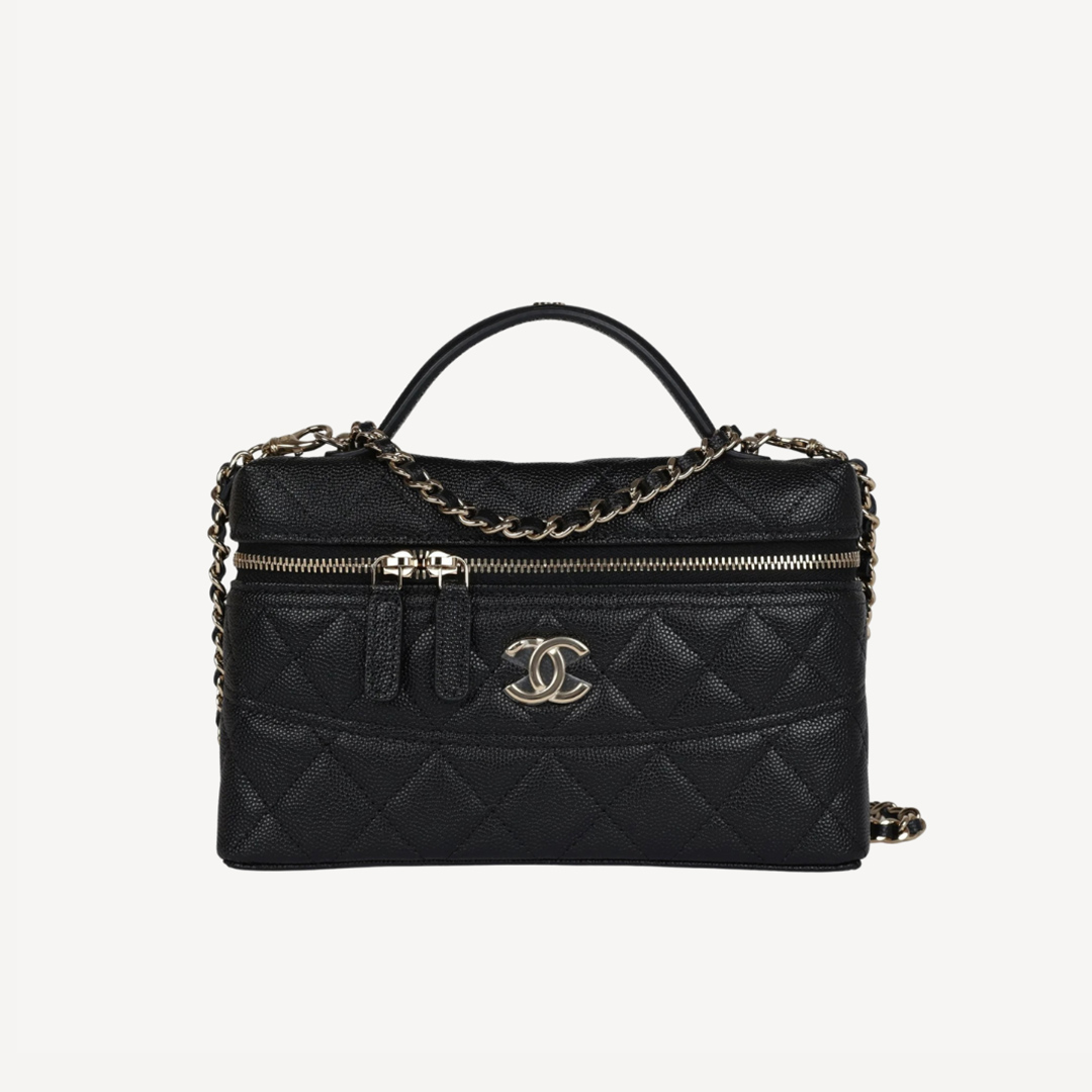 Chanel Handle CC Logo Vanity Case Grained Calfskin Handle Long Makeup Box Black AP4407