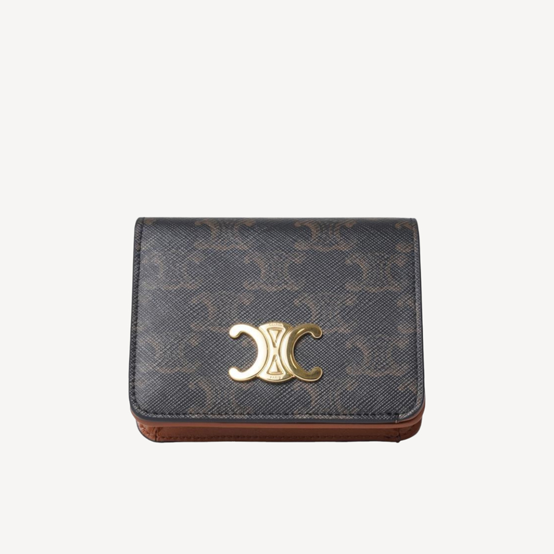 Celine Logo Print Zipper Card Bag Wallet Tan