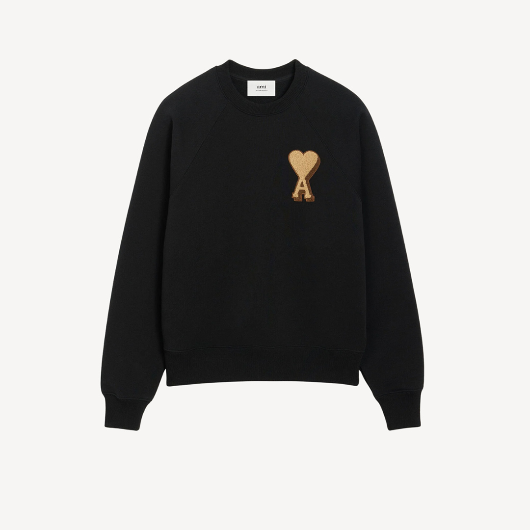 Ami Paris 3D Gold Brown Contrast Pleated Fabric Heart Logo Loose Fit Sweatshirt Black USW771