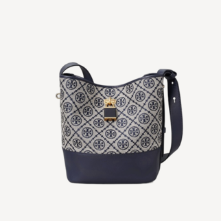 Tory Burch T Monogram Lock Slim 锁扣装饰中型水桶袋 深蓝色